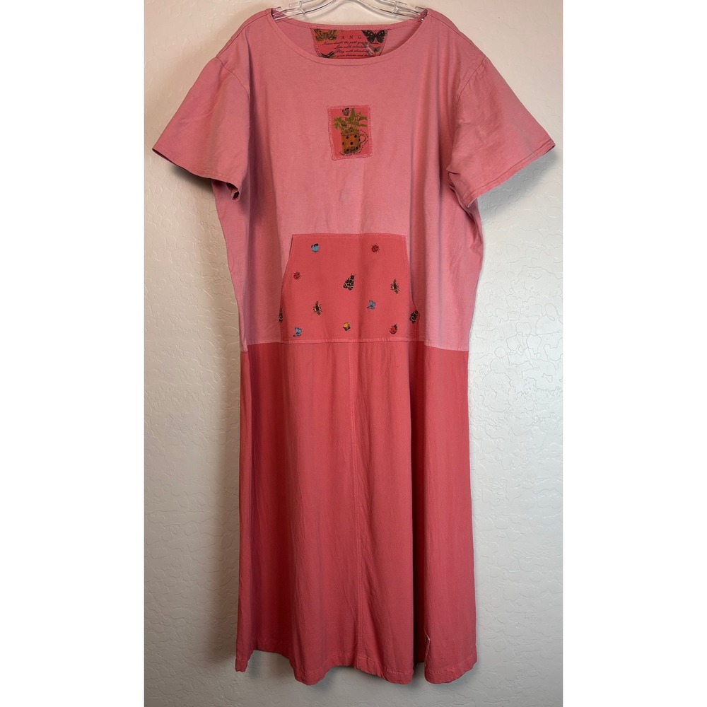 Julie‎ Mango Pink Coral Colorblock Pocket Dress Bugs Flowers Cottagecore 1X 2038